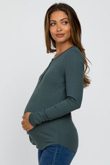 Teal Ribbed Button Front Long Sleeve Maternity Top