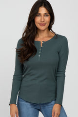 Teal Ribbed Button Front Long Sleeve Top