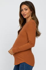 Orange Ribbed Button Front Long Sleeve Maternity Top