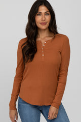 Orange Ribbed Button Front Long Sleeve Maternity Top