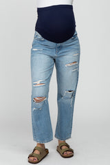 Light Blue Distressed Maternity Cropped Straight Leg Jeans