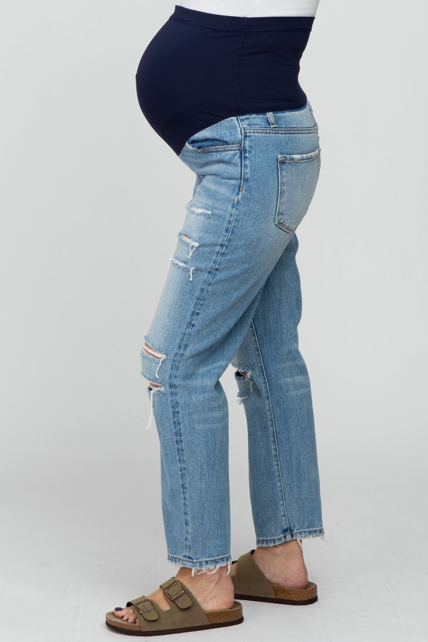 Light Blue Distressed Maternity Cropped Straight Leg Jeans