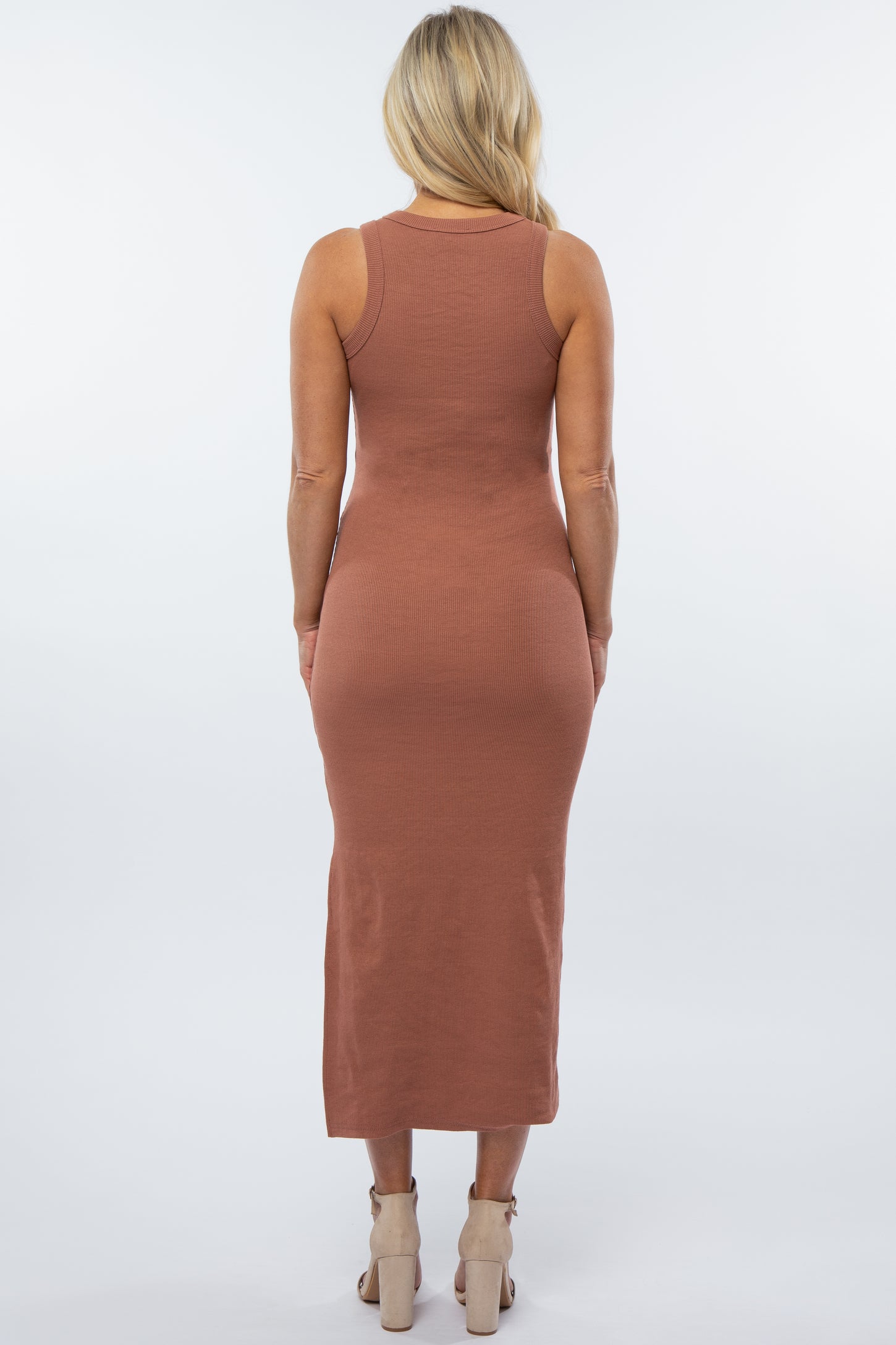 Mauve Ribbed Fitted Maternity Midi Dress
