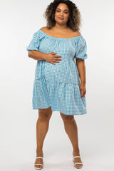 Blue Gingham Puff Sleeve Maternity Plus Dress