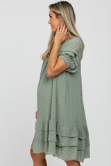 Light Olive Chiffon Swiss Dot Ruffle Hem Maternity Midi Dress