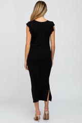 Black Ruffle Sleeve Side Slit Maternity Maxi Dress