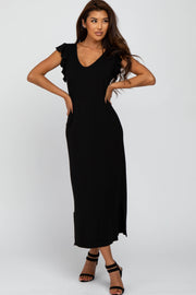 Black Ruffle Sleeve Side Slit Maxi Dress