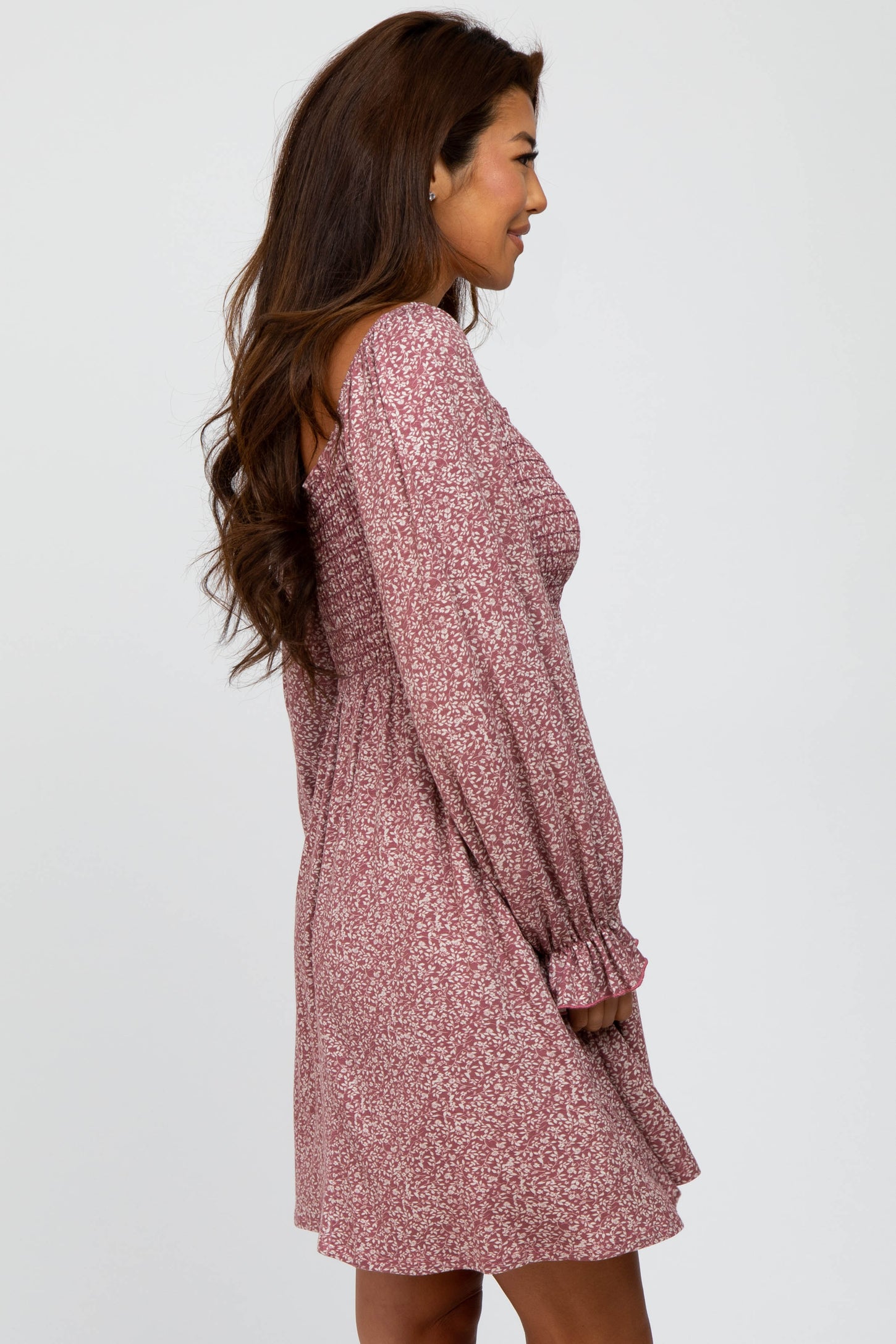 Plum Floral Smocked Peasant Sleeve Dress Plum Floral Smocked Peasant Sleeve Dress