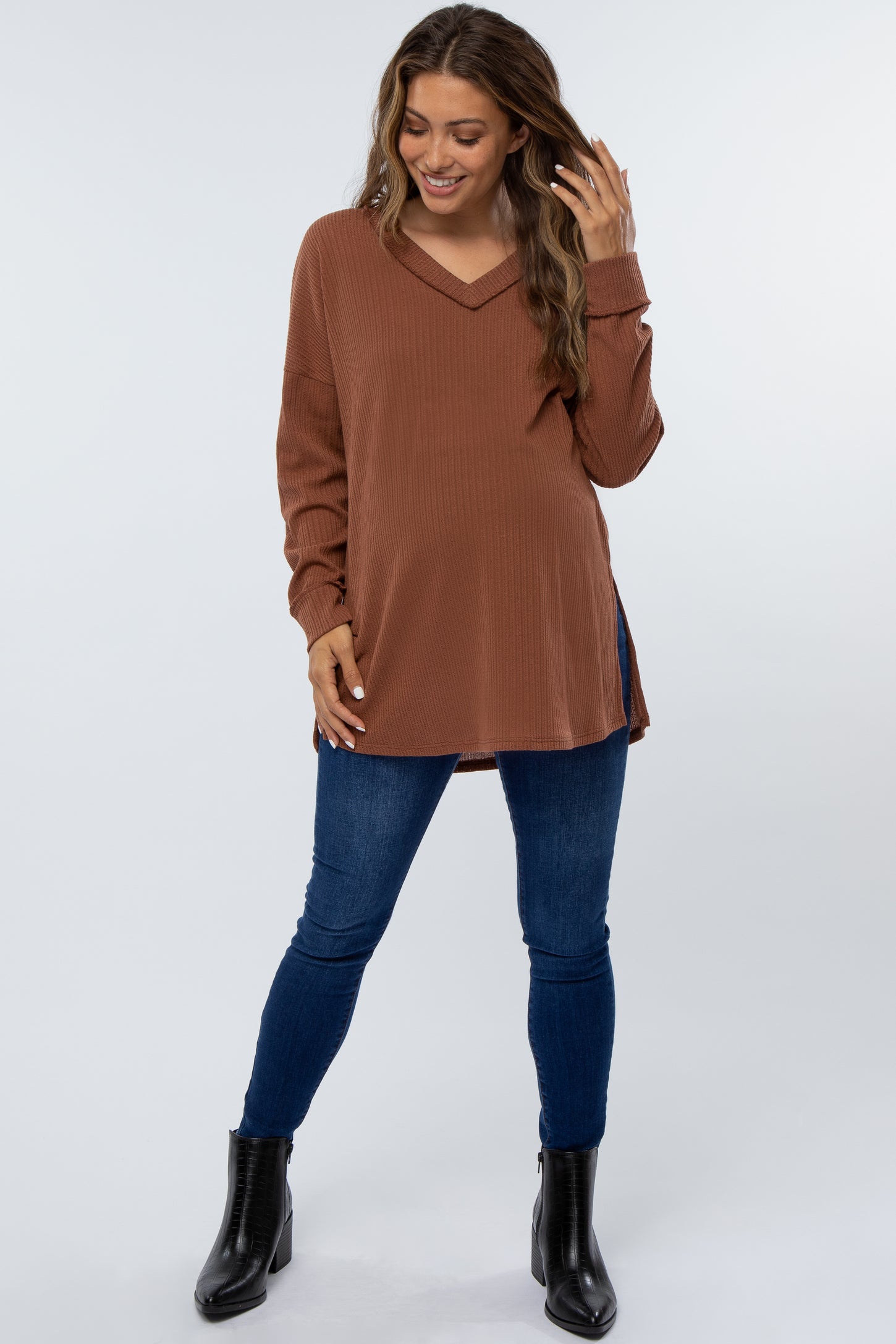 Brown Waffle Knit V-Neck Maternity Top