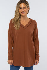 Brown Waffle Knit V-Neck Maternity Top