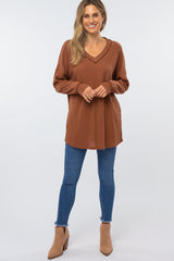 Brown Waffle Knit V-Neck Top
