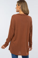 Brown Waffle Knit V-Neck Top