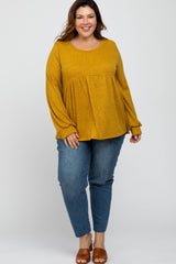 Yellow Textured Knit Babydoll Long Sleeve Plus Top