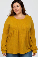 Yellow Textured Knit Babydoll Long Sleeve Maternity Plus Top