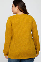 Yellow Textured Knit Babydoll Long Sleeve Plus Top