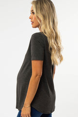 Charcoal V-Neck Maternity Short Sleeve Round Hem Top