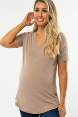Mocha V-Neck Maternity Short Sleeve Round Hem Top