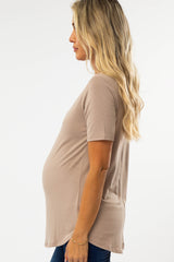 Mocha V-Neck Maternity Short Sleeve Round Hem Top