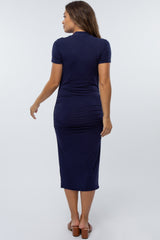 Navy Fitted Wrap Maternity Midi Dress