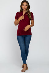 Burgundy Solid Short Sleeve Wrap Front Maternity/Nursing Top