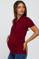 Burgundy Solid Short Sleeve Wrap Front Maternity/Nursing Top