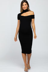 Black Mock Neck Cutout Fitted Maternity Dress