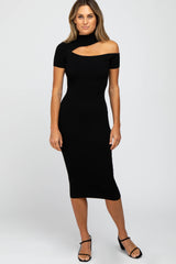 Black Mock Neck Cutout Fitted Dress
