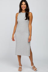 White Striped Side Slit Fitted Maternity Midi Dress