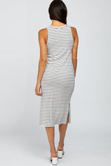 White Striped Side Slit Fitted Midi Dress