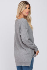 Grey V-Neck Side Slit Sweater