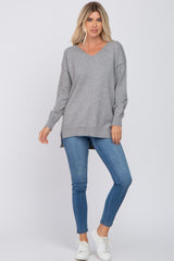 Grey V-Neck Side Slit Sweater