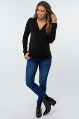 Black Brushed Knit Wrap Front Maternity Top
