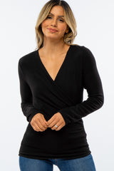 Black Brushed Knit Wrap Front Maternity Top