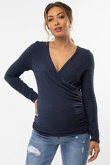Navy Blue Brushed Knit Wrap Front Maternity Top