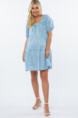 Blue Gingham Puff Sleeve Maternity Dress