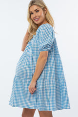 Blue Gingham Puff Sleeve Maternity Dress
