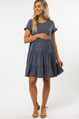 Blue Swiss Dot Pleated Tier Maternity Dress
