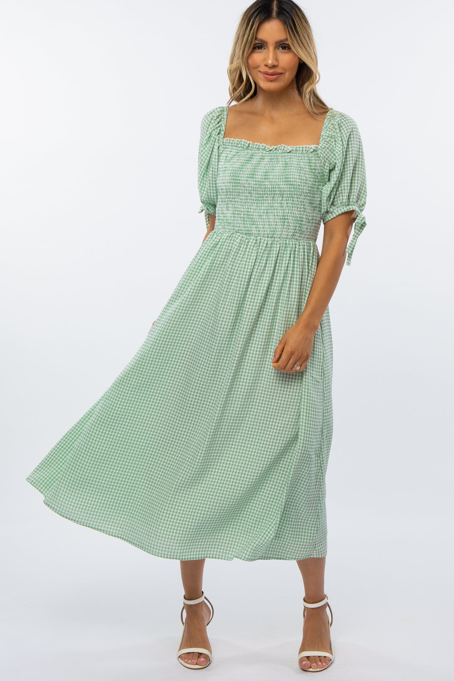Mint Green Gingham Smocked Maternity Midi Dress