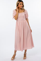 Pink Gingham Smocked Maternity Midi Dress
