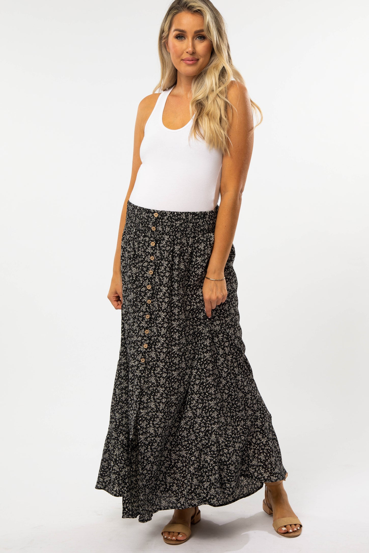 Black Floral Button Accent Maternity Maxi Skirt– PinkBlush
