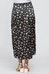 Black Floral Satin Crinkled Maternity Midi Skirt