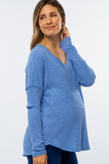 Blue Waffle Knit Long Sleeve Maternity Top