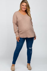 Taupe Waffle Knit Long Sleeve Maternity Plus Top