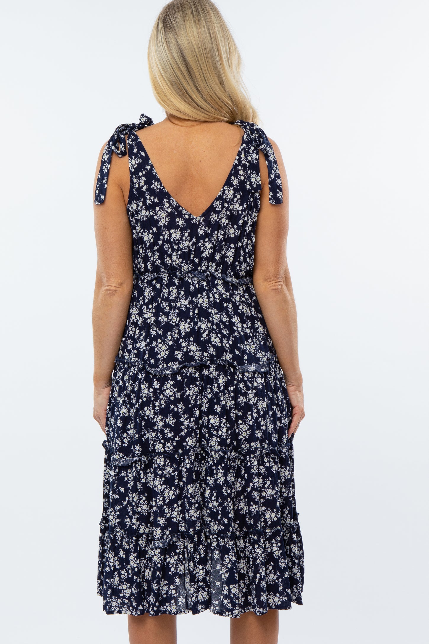Navy Floral Print Tiered Maternity Dress