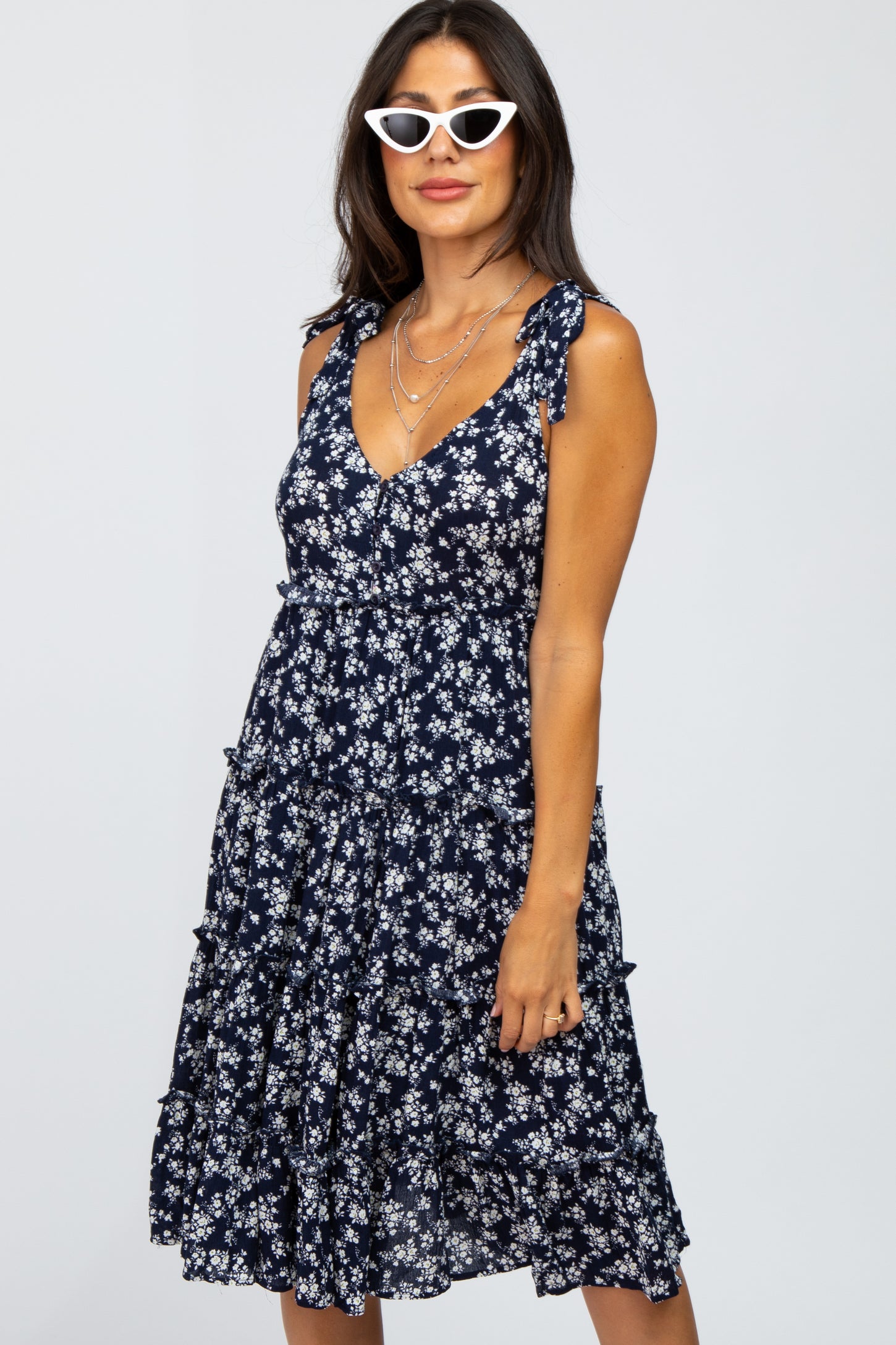 Navy Floral Print Tiered Dress