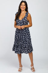 Navy Floral Print Tiered Maternity Dress