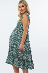 Green Floral Print Tiered Maternity Dress