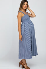 Blue Striped Smoked Maternity Midi Dress
