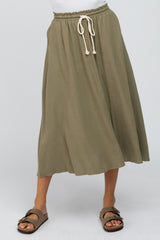 Olive Drawstring Waist Midi Skirt