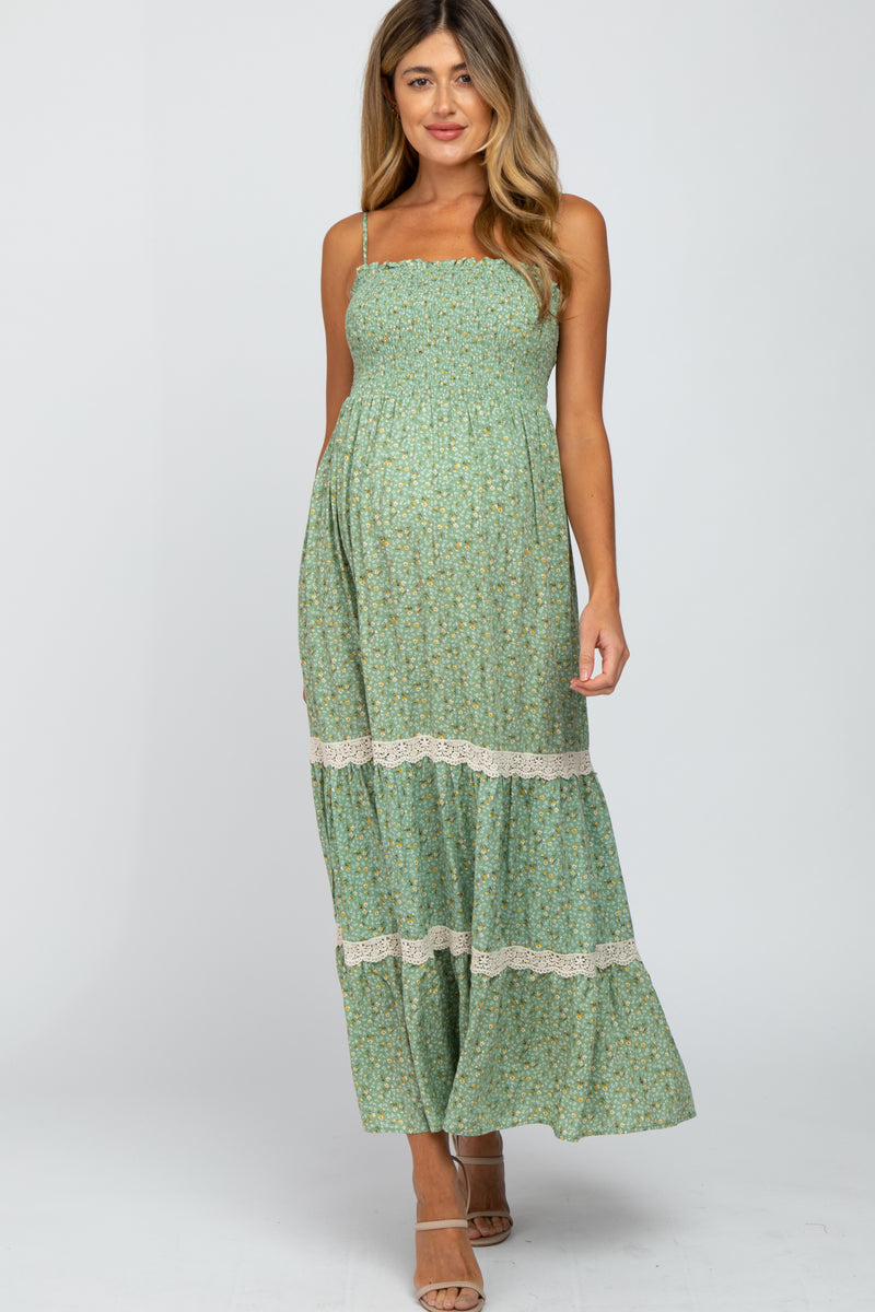 Green Floral Smocked Crochet Accent Maternity Maxi Dress– PinkBlush
